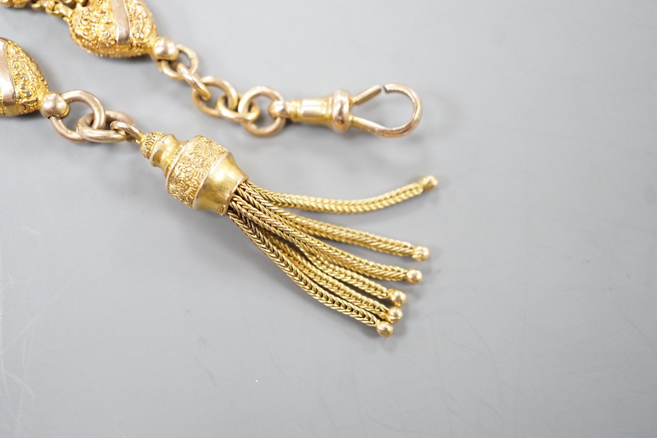 A 9c fob chain, with heart shaped motifs and tassel drop, 15cm, 8.2 grams.